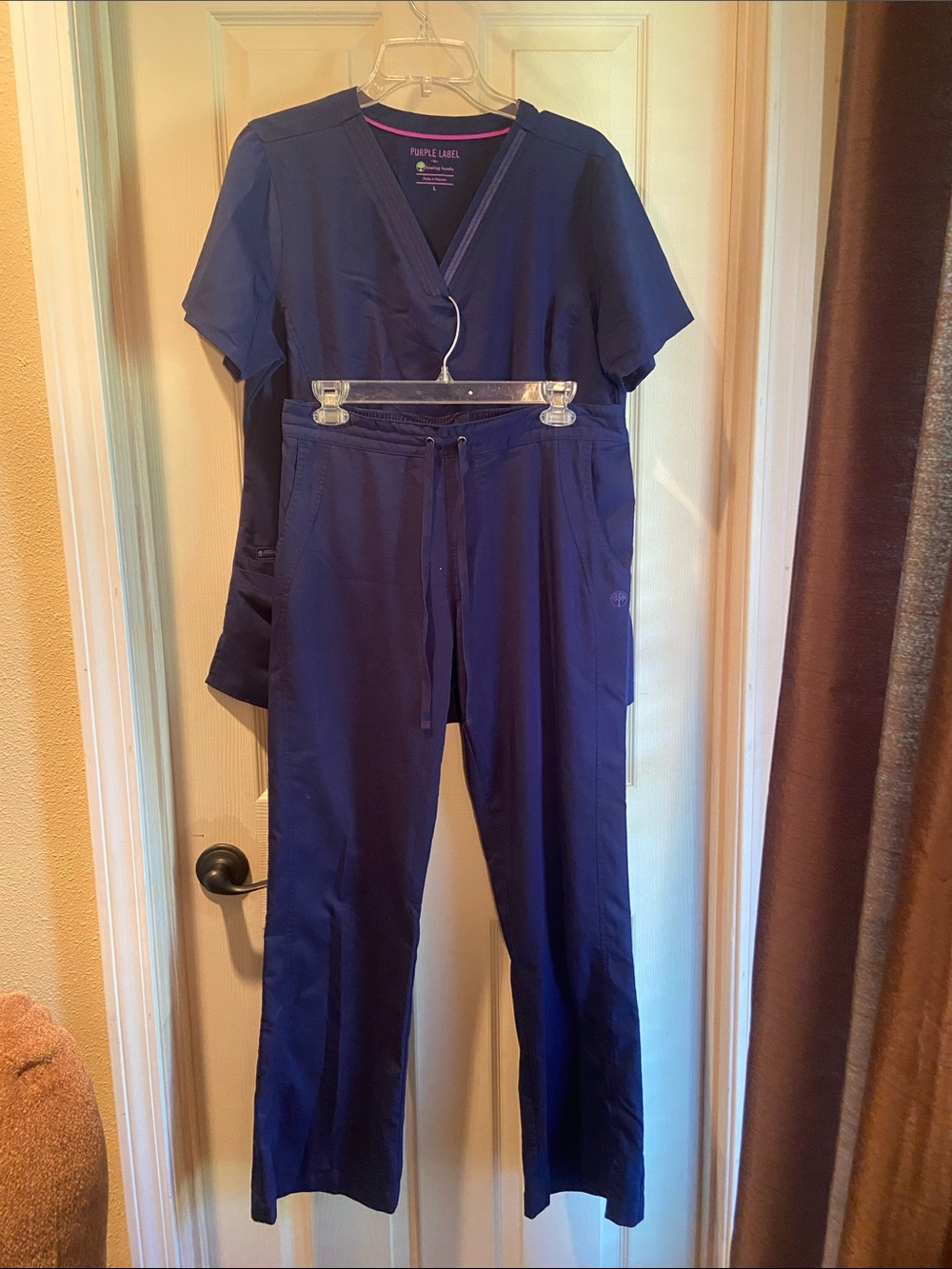 healing hands Navy VโNeck Scrub Top & Drawstring Pants Set